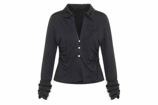 Front view of As You women’s black polyester basic button-up, size UK 10, collared - ruched detail
