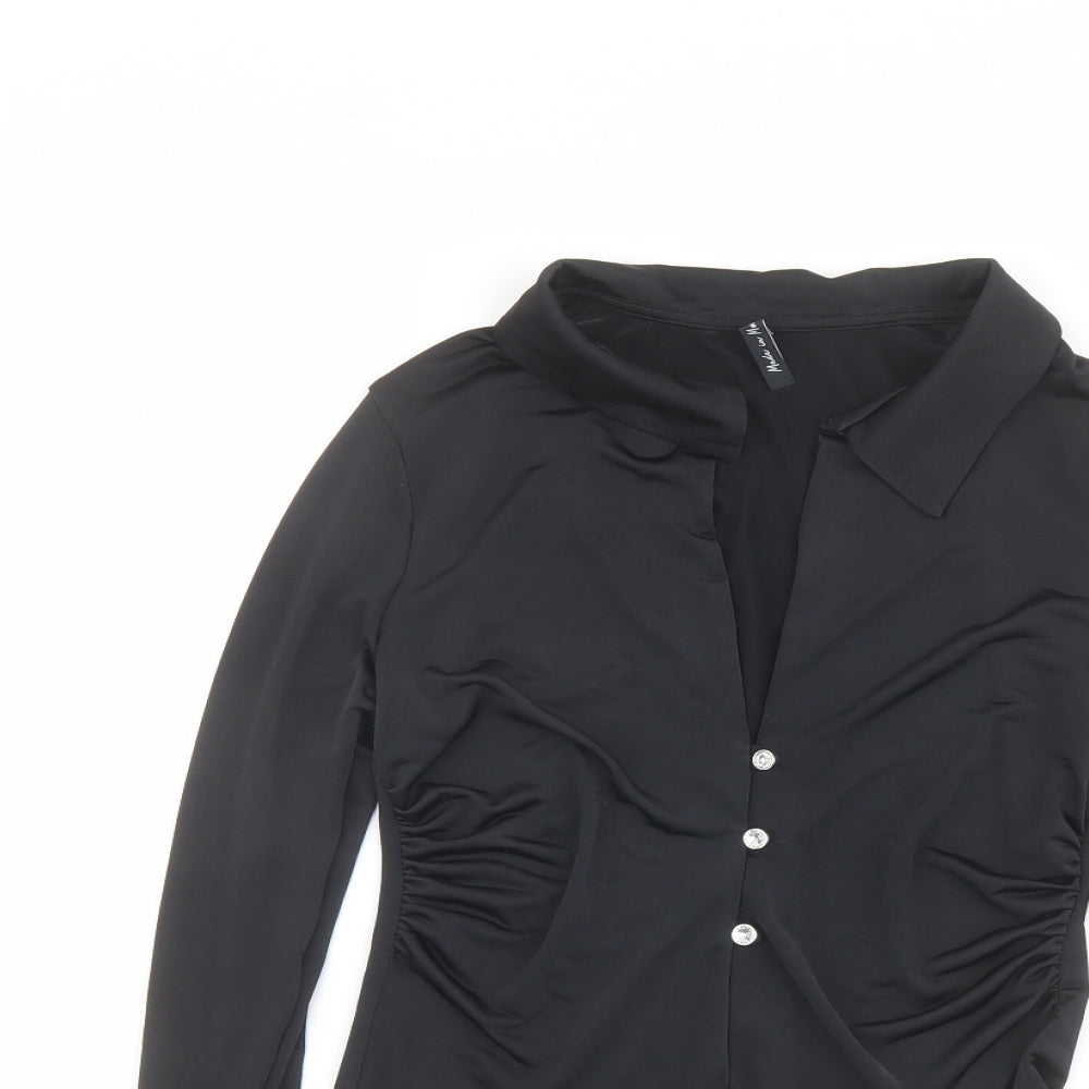 As You Womens Black Polyester Basic Button-Up Size 10 Collared - Ruched Detail
