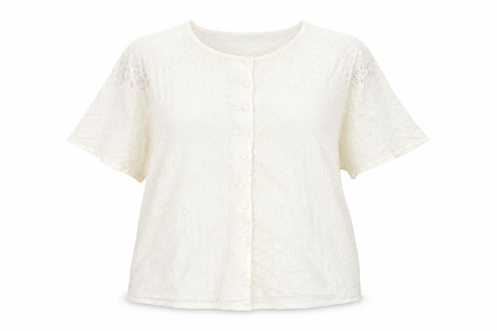 Front view of Berkertex women’s ivory viscose basic button-up, size UK 20, round neck