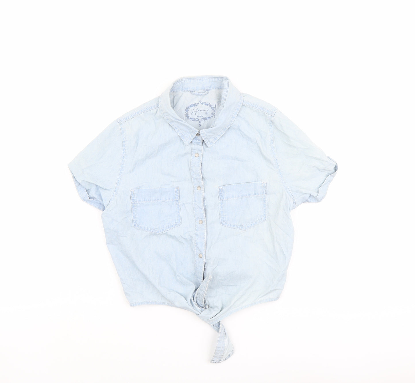 Jennyfer Womens Blue Cotton Cropped Button-Up Size S Collared - Tie Front