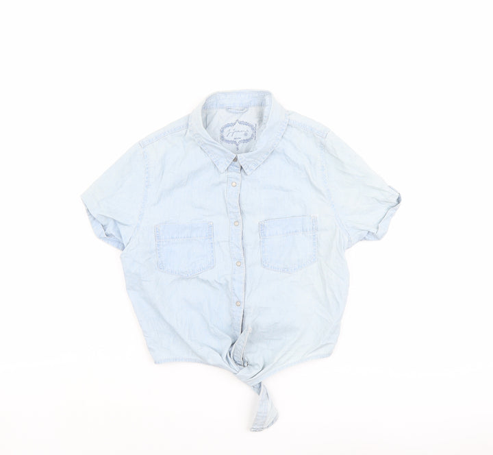 Jennyfer Womens Blue Cotton Cropped Button-Up Size S Collared - Tie Front
