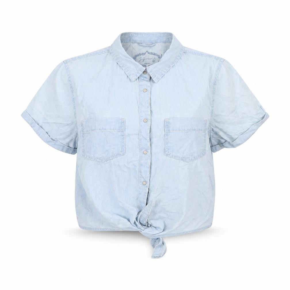 Front view of Jennyfer women’s blue cotton cropped button-up, size S, collared - tie front