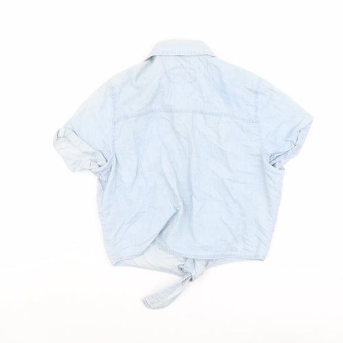 Jennyfer Womens Blue Cotton Cropped Button-Up Size S Collared - Tie Front