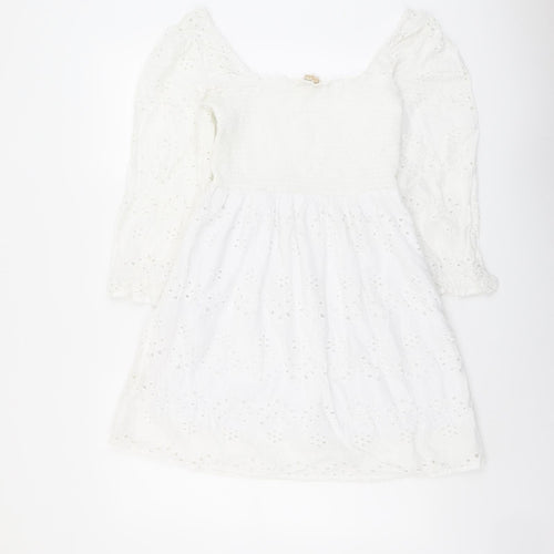Rebbelion Womens White Geometric Cotton Trapeze & Swing Size M Off the Shoulder Pullover