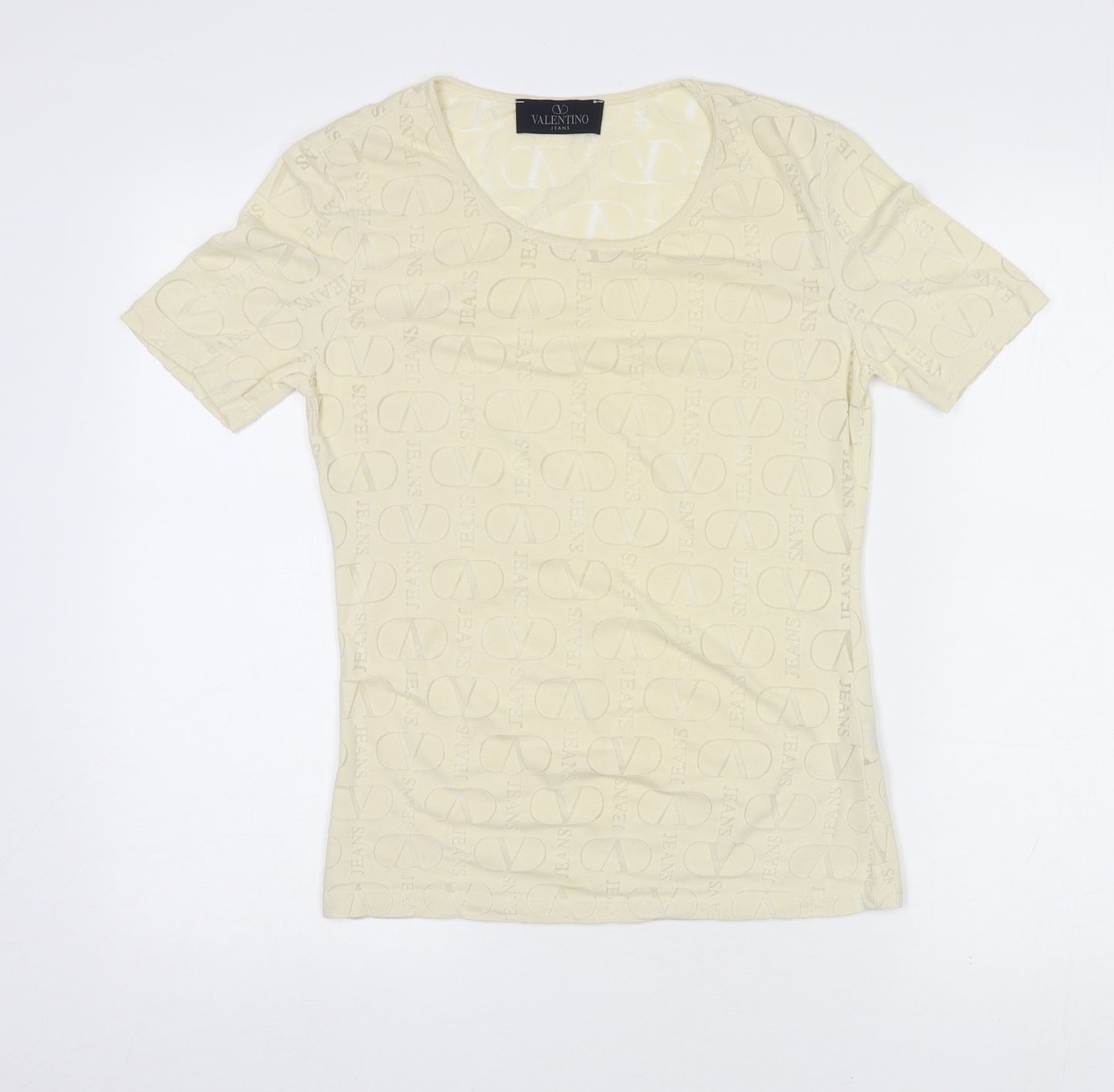 Valentino Jeans Womens Ivory Geometric Cotton Basic T-Shirt Size S Round Neck