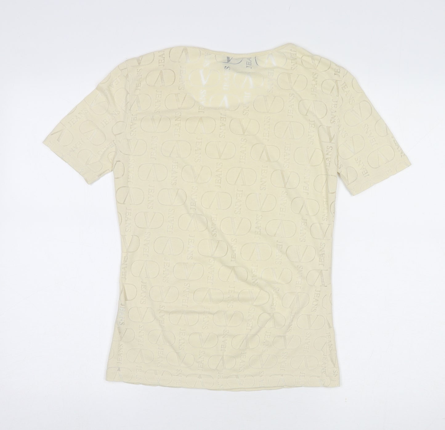 Valentino Jeans Womens Ivory Geometric Cotton Basic T-Shirt Size S Round Neck