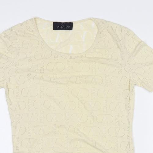 Valentino Jeans Womens Ivory Geometric Cotton Basic T-Shirt Size S Round Neck