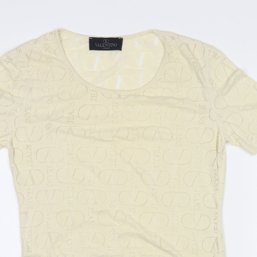 Valentino Jeans Womens Ivory Geometric Cotton Basic T-Shirt Size S Round Neck