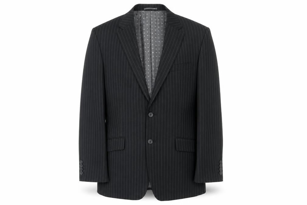 Front view of Skopes men’s black striped polyester jacket suit jacket, size 40, regular