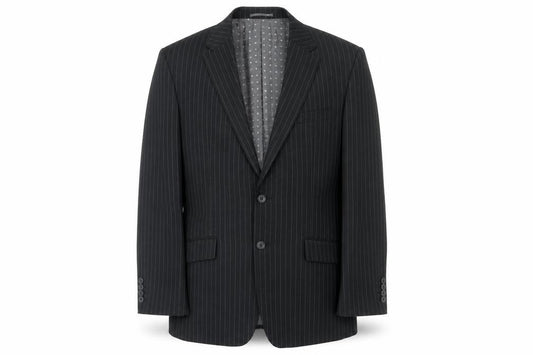 Front view of Skopes men’s black striped polyester jacket suit jacket, size 40, regular