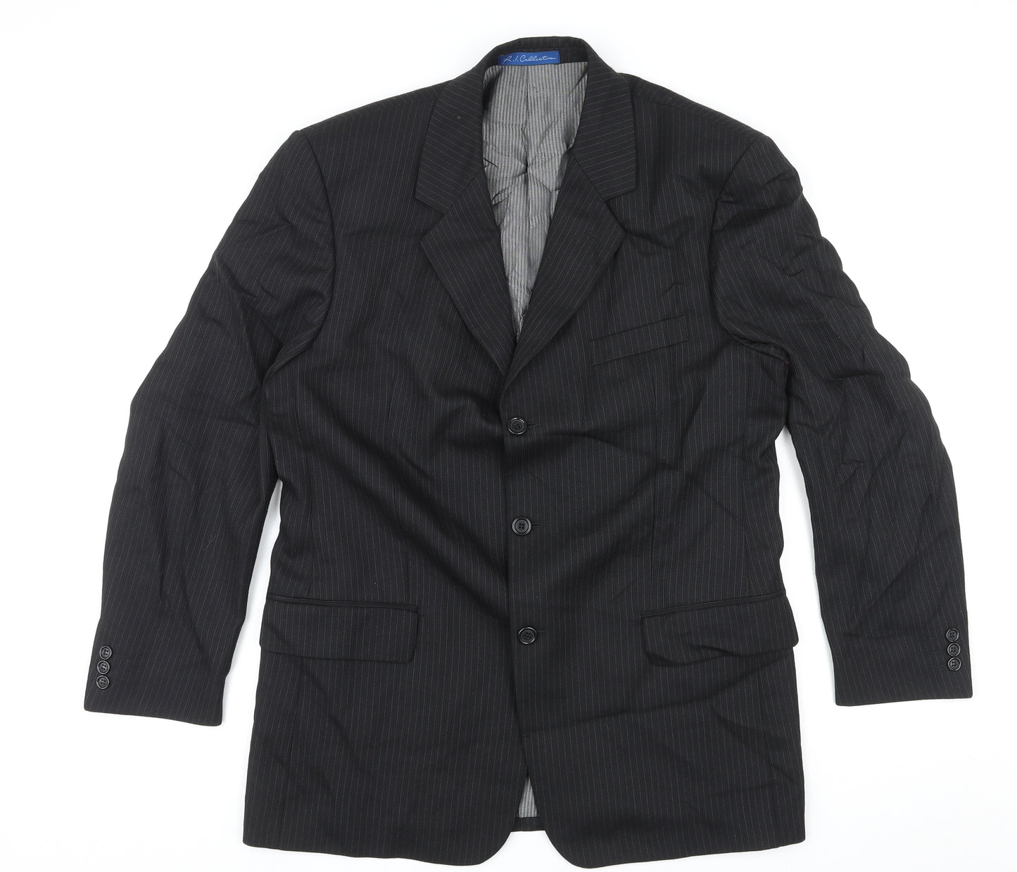 R.I. Collection Mens Black Striped Wool Jacket Suit Trousers Size 40 Regular