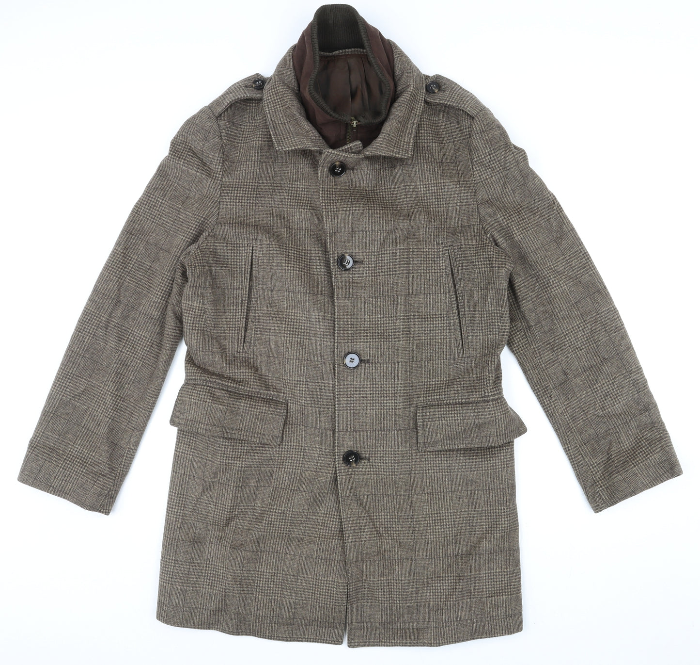 Marks and Spencer Mens Brown Check Pea Coat Coat Size S Button