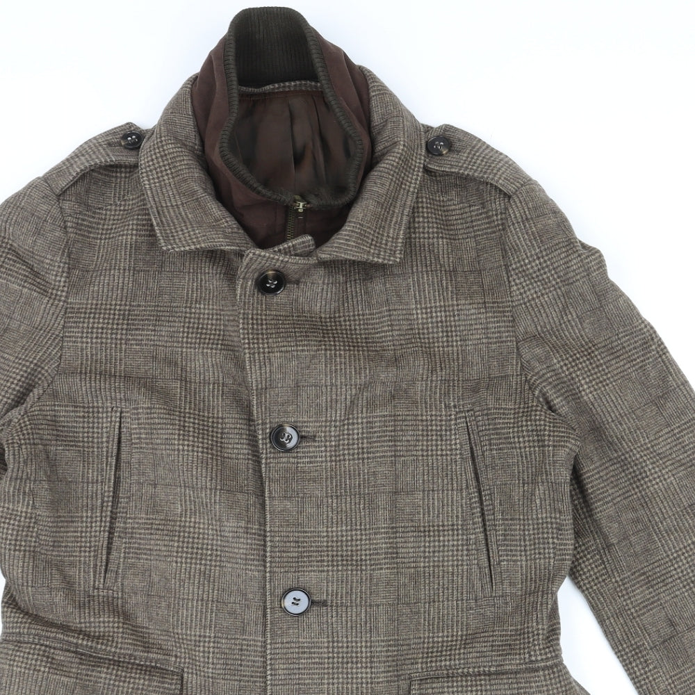 Marks and Spencer Mens Brown Check Pea Coat Coat Size S Button