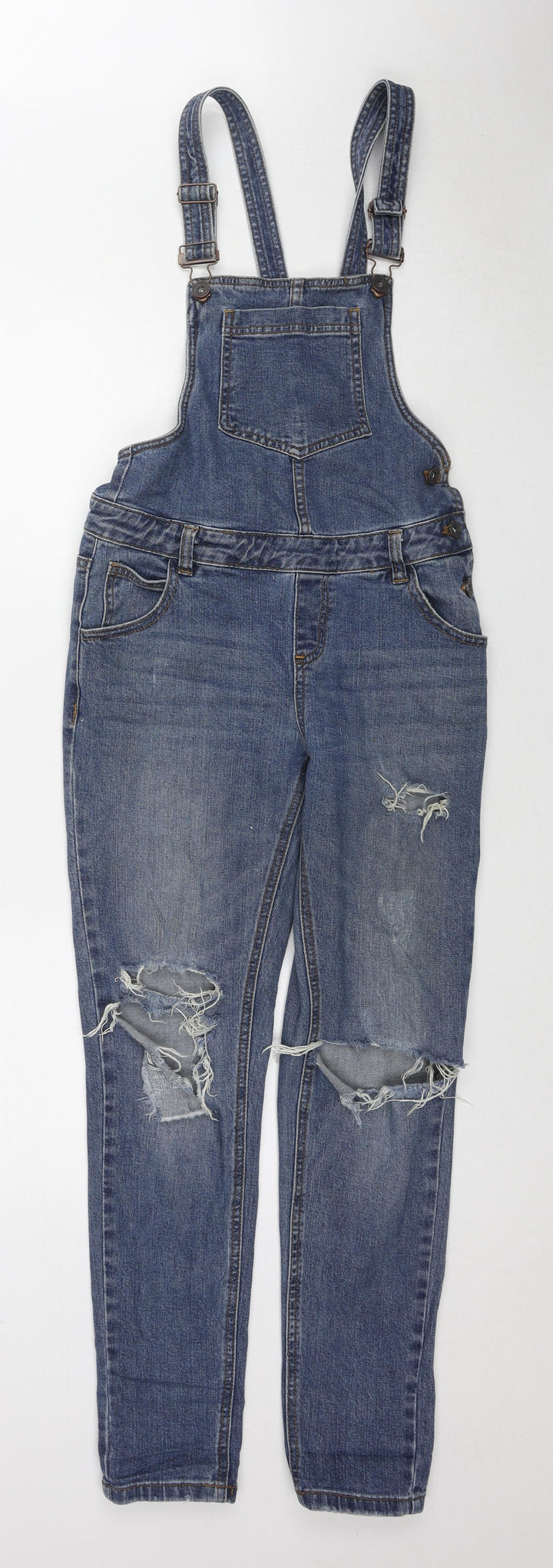 Denim & Co. Womens Blue Cotton Dungaree One-Piece Size 8 L28 in Zip - Distressed Open Knee