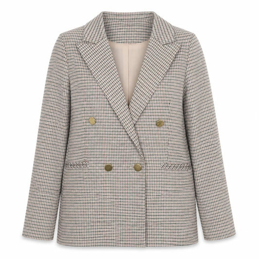 Front view of Miss Selfridge women’s beige plaid polyester jacket blazer, size UK 8