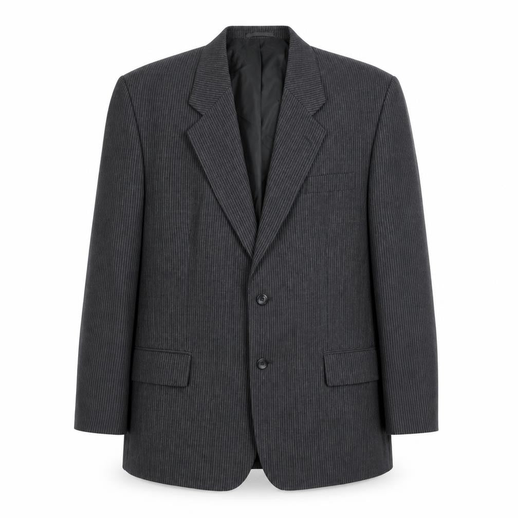 Front view of Skopes men’s grey striped polyester jacket blazer, size 48, regular