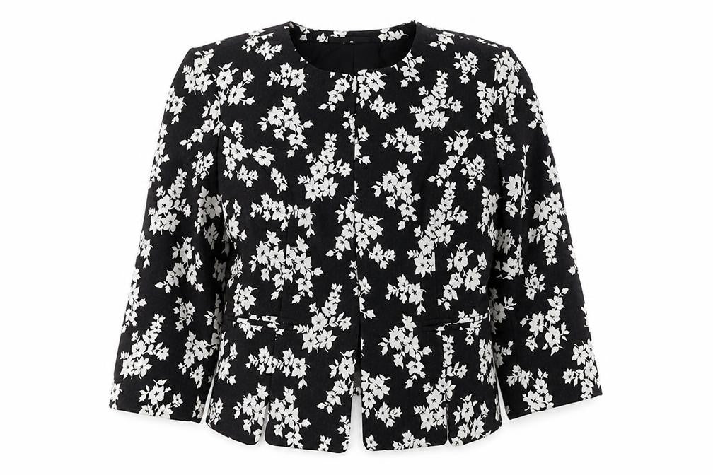 Front view of adL women’s black floral jacket blazer, size S