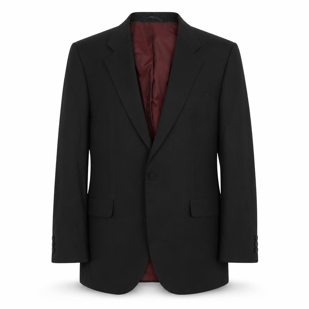Front view of Hawksmoor men’s black polyester jacket suit jacket, size 44, regular
