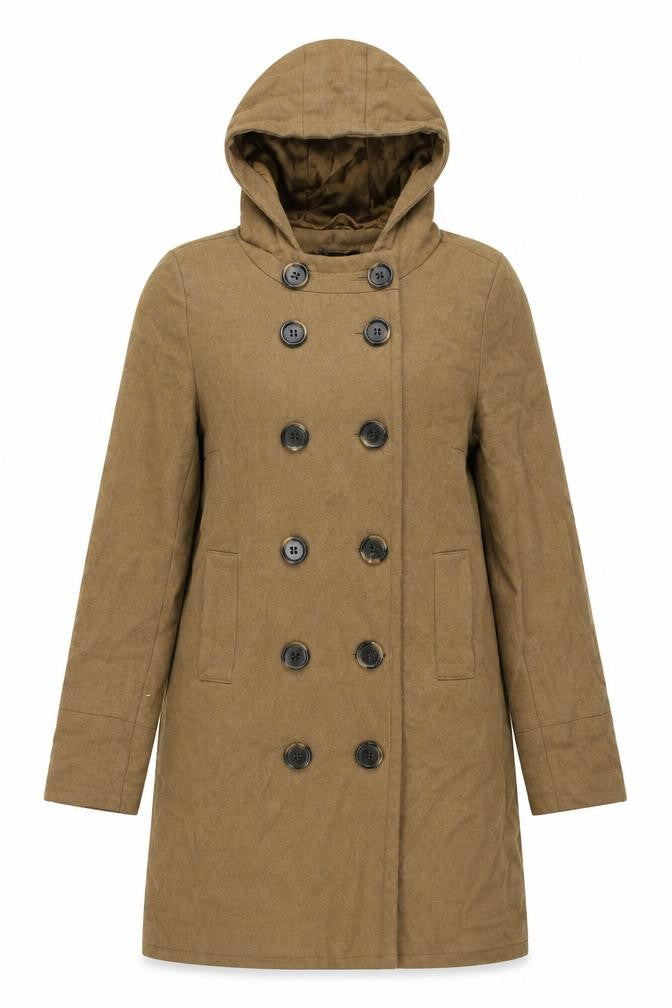 Front view of Topshop women’s brown overcoat coat, size UK 12, button