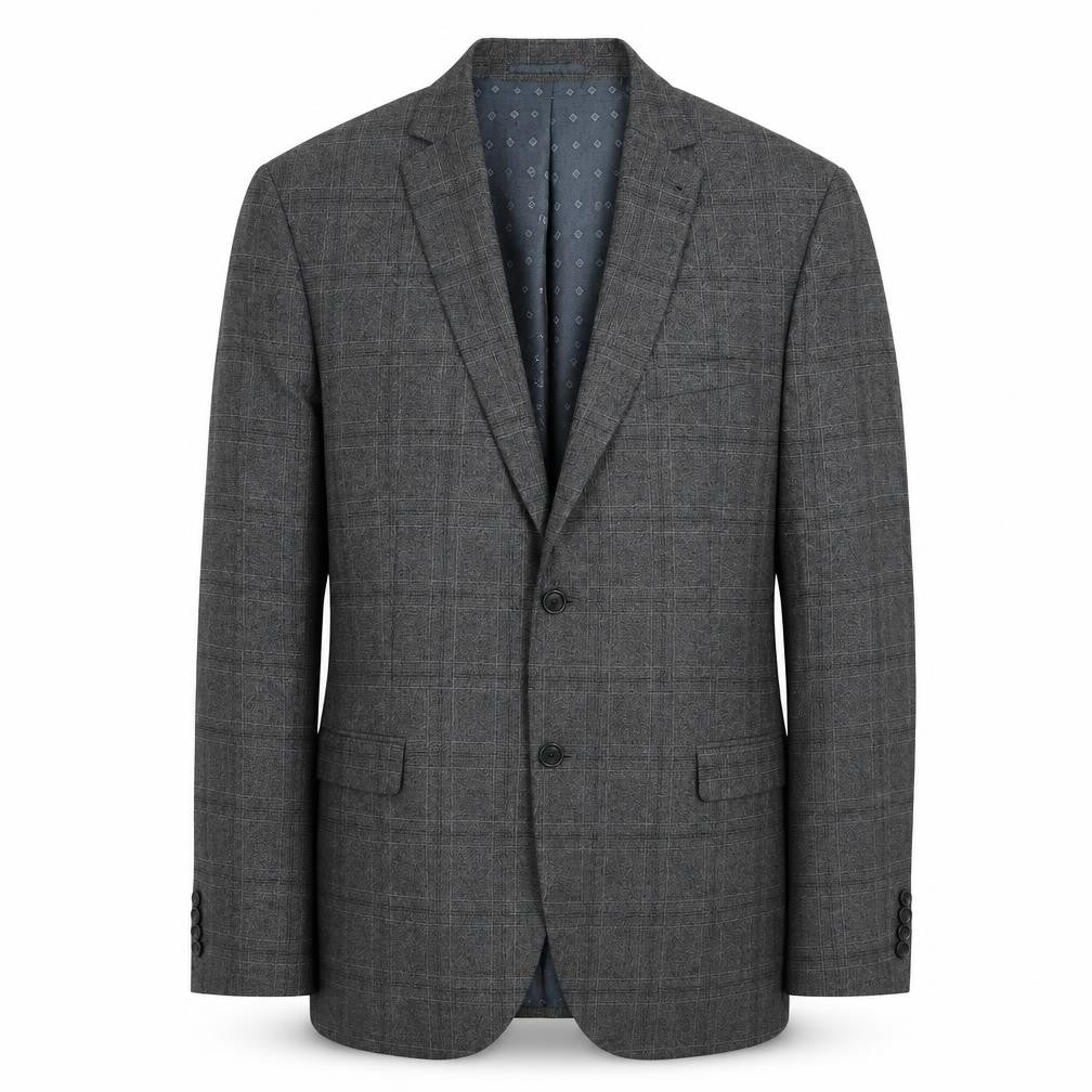 Front view of Next men’s grey plaid polyester jacket suit jacket, size 46, regular