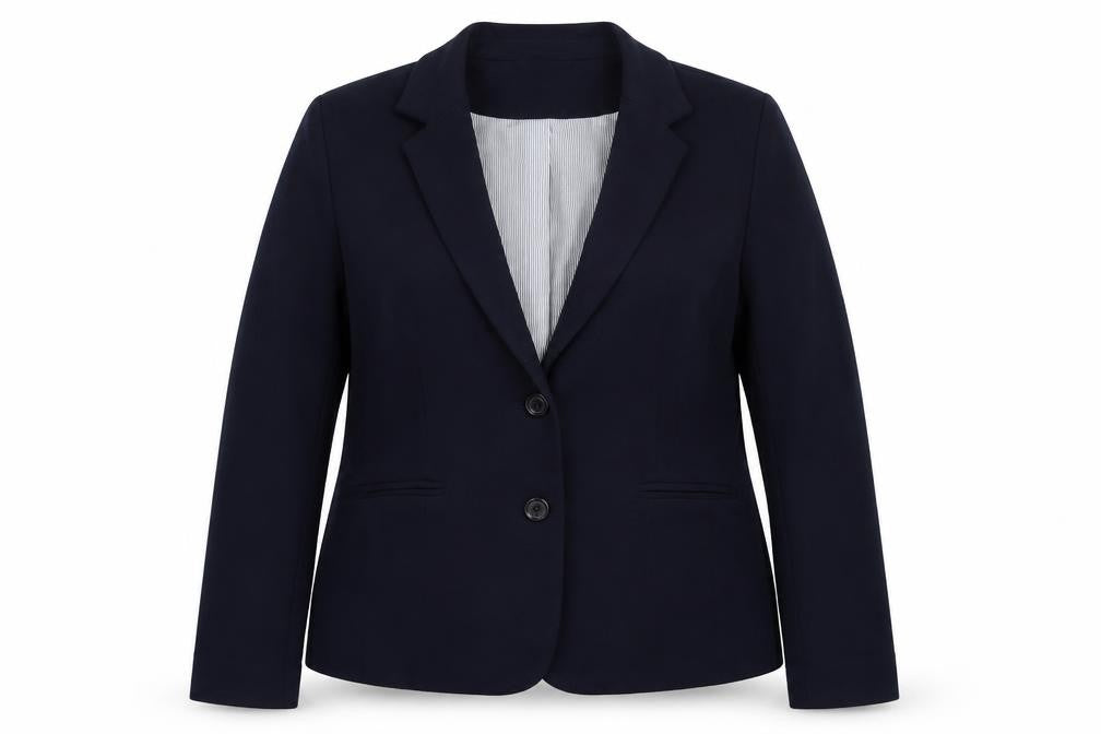 Front view of Julipa women’s blue polyester jacket blazer, size UK 14