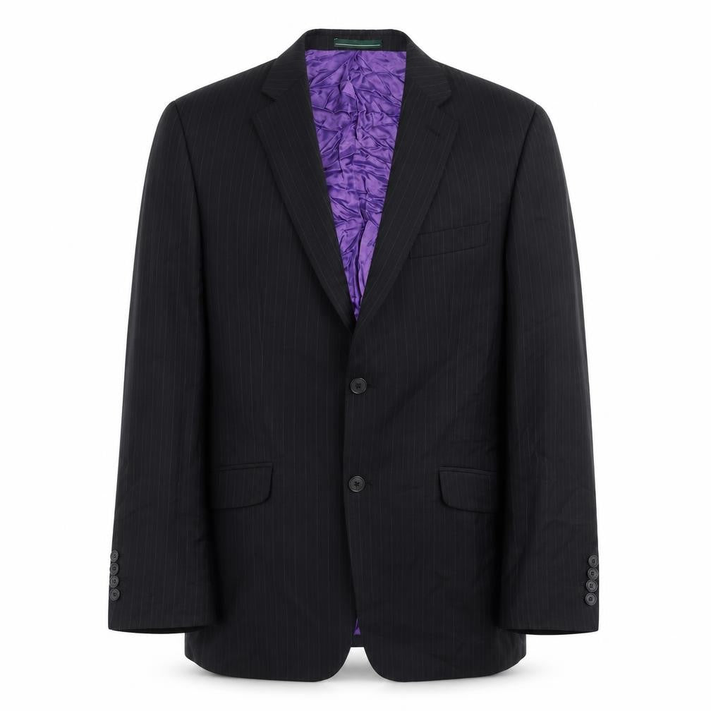 Front view of Greenwoods men’s black striped wool jacket suit jacket, size 40, regular