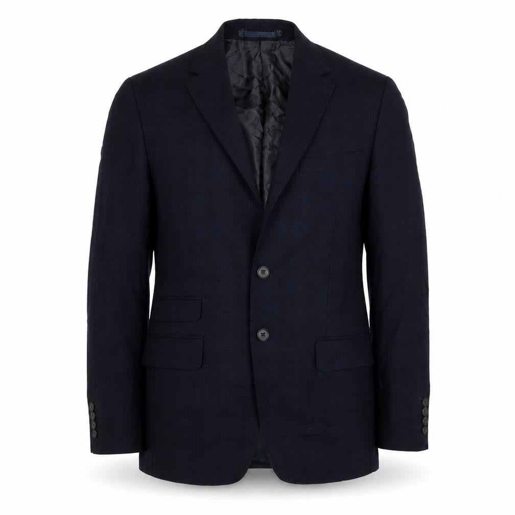 Front view of Marks & Spencer men’s blue plaid wool jacket suit jacket, size 38, regular