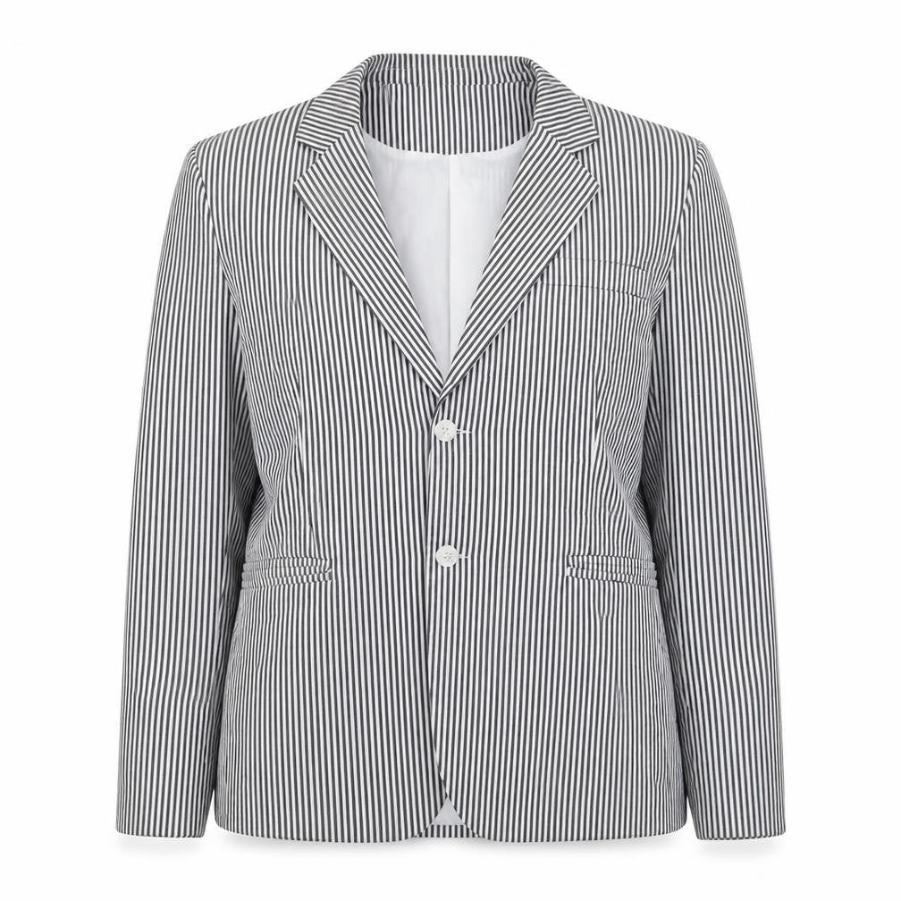 Front view of Allegra K women’s black striped cotton jacket blazer, size UK 14