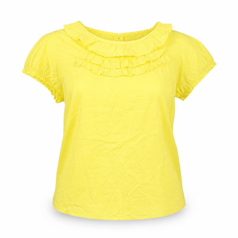 Front view of Oasis women’s yellow cotton basic blouse, size UK 8, boat neck