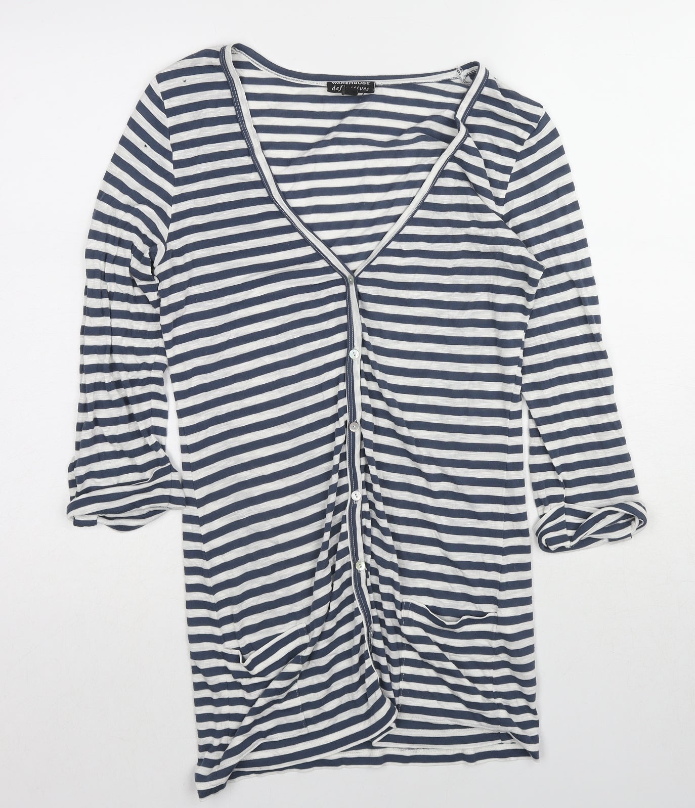 Warehouse Womens Blue V-Neck Striped Cotton Cardigan Jumper Size 10