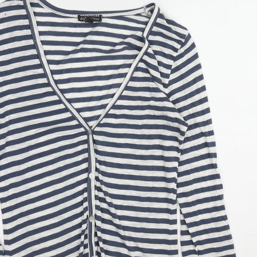 Warehouse Womens Blue V-Neck Striped Cotton Cardigan Jumper Size 10