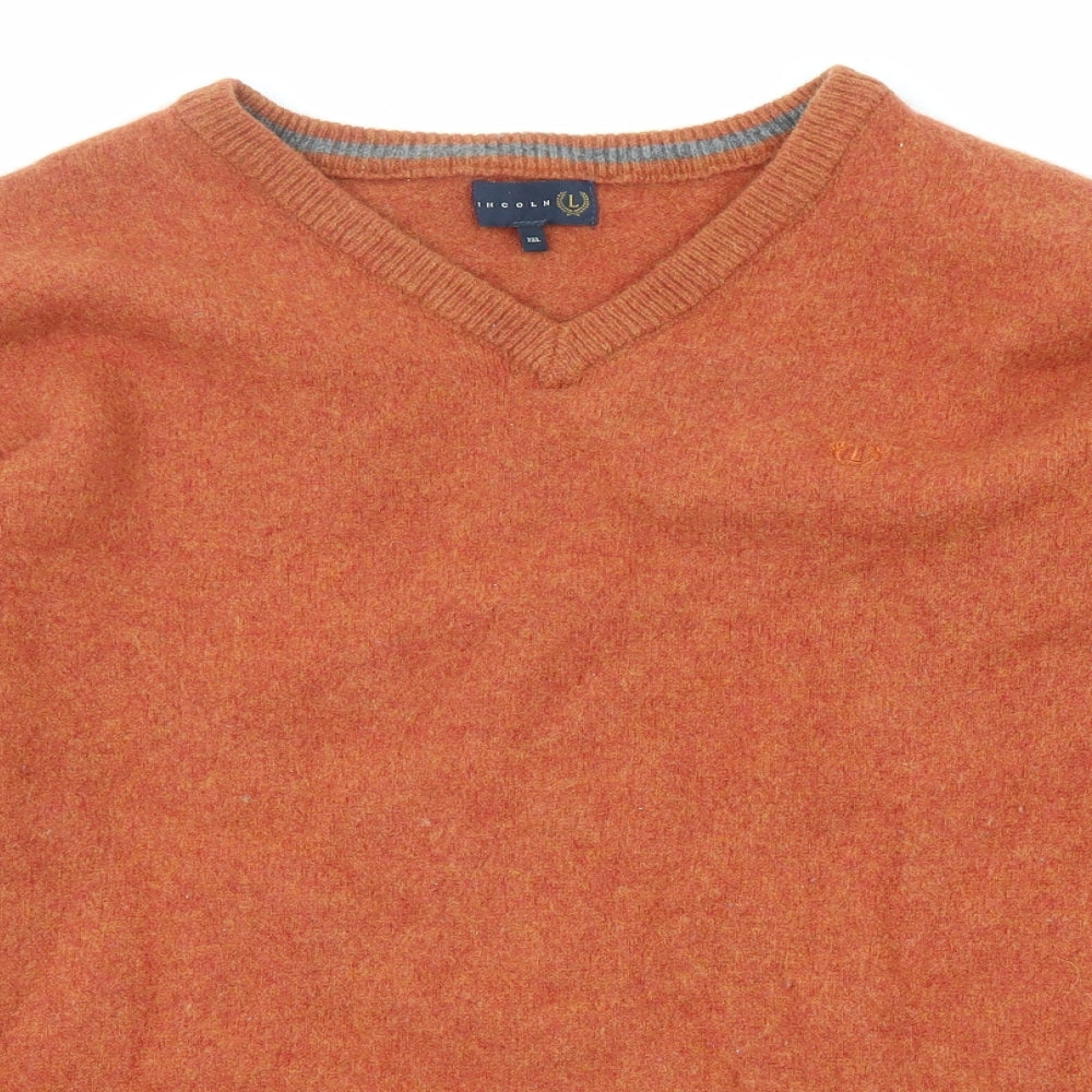 Lincoln Mens Orange V-Neck Wool Pullover Jumper Size 3XL Long Sleeve