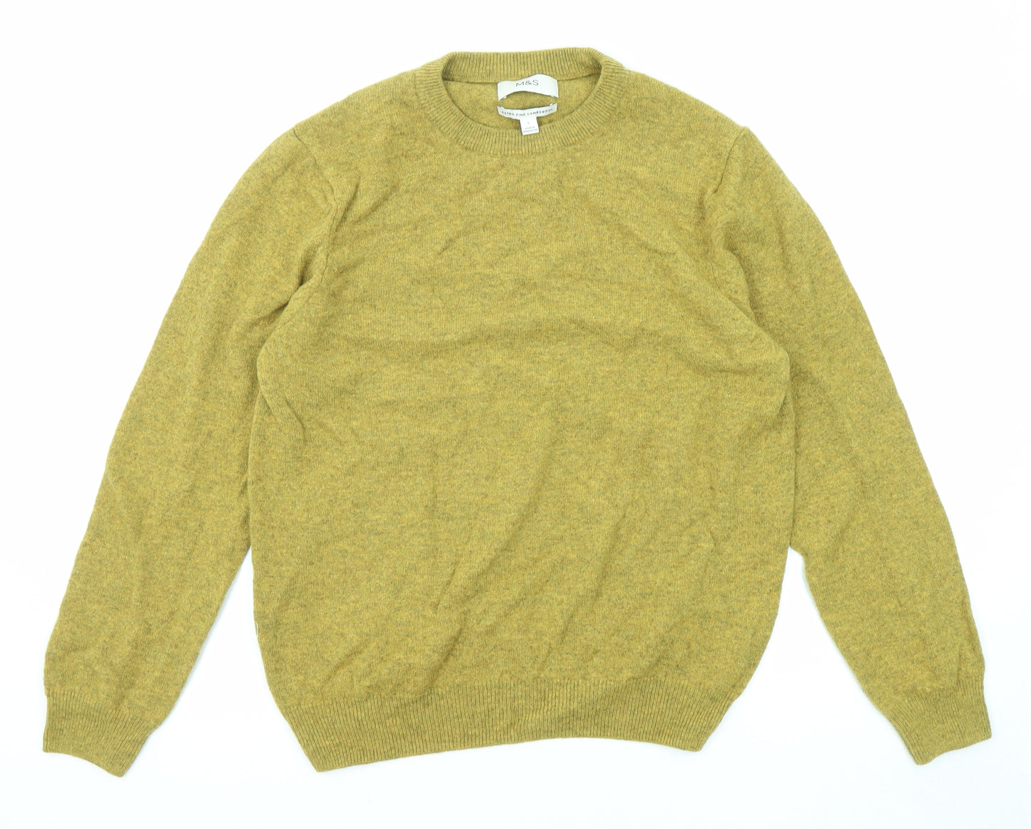 Marks and Spencer Mens Green Round Neck Wool Pullover Jumper Size L Long Sleeve