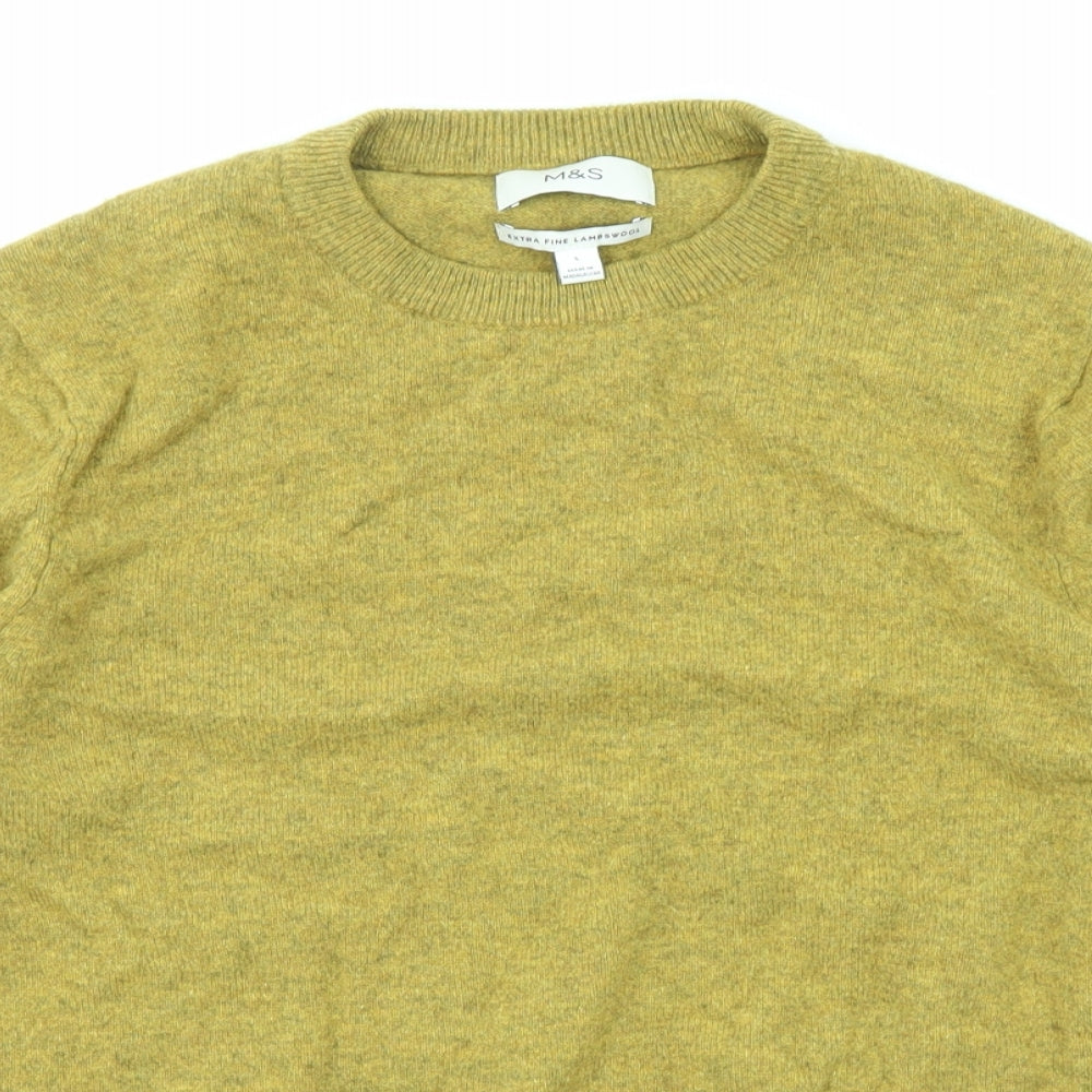 Marks and Spencer Mens Green Round Neck Wool Pullover Jumper Size L Long Sleeve
