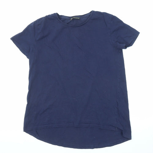Zara Womens Blue Cotton Basic T-Shirt Size M Round Neck