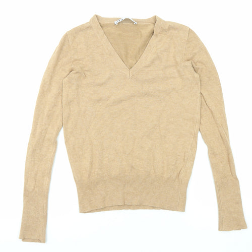 Zara Womens Beige V-Neck Viscose Pullover Jumper Size S