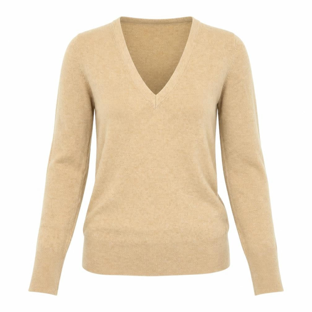Front view of Zara women’s beige v-neck viscose jumper, size S