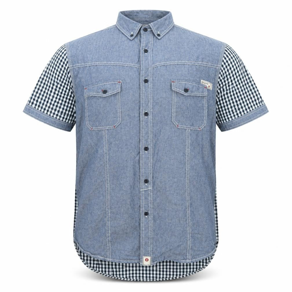 Front view of Resistance men’s blue check cotton button-up, size XL, collared button