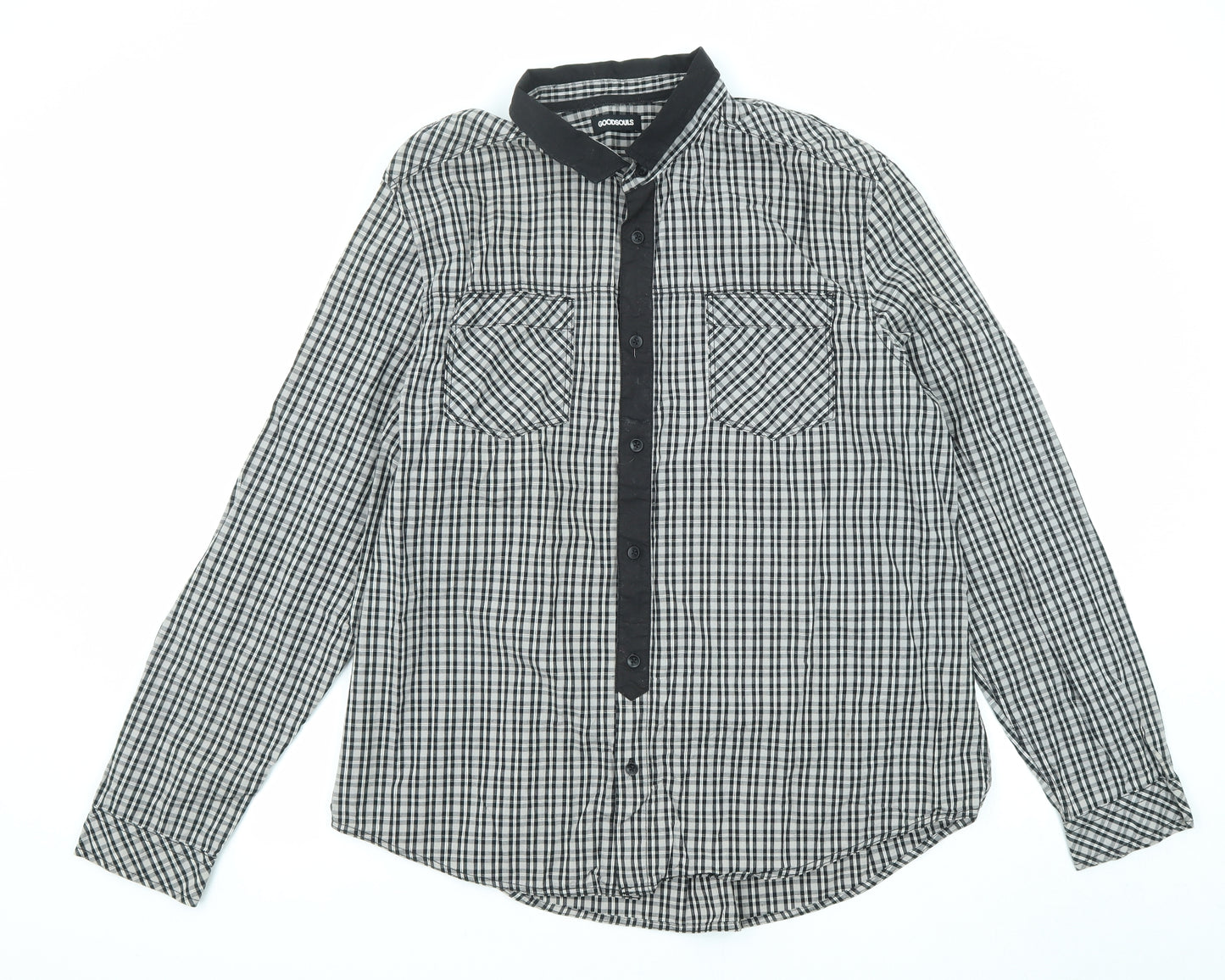 Goodsouls Mens Black Check Cotton Button-Up Size 2XL Collared Button - Elbow patches