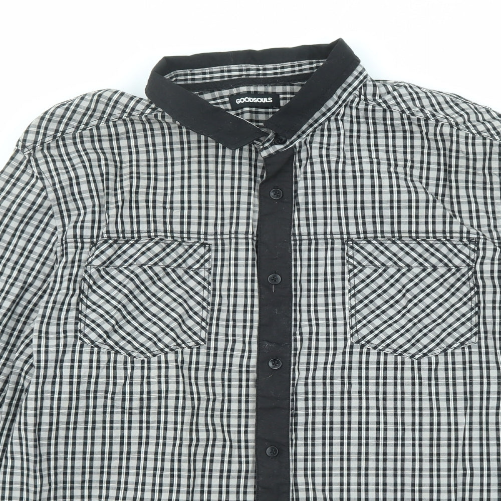 Goodsouls Mens Black Check Cotton Button-Up Size 2XL Collared Button - Elbow patches