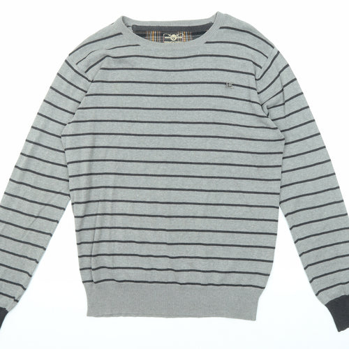 Ringspun Mens Grey Collared Striped Cotton Pullover Jumper Size XL Long Sleeve