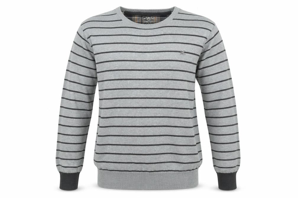 Front view of Ringspun men’s grey collared striped cotton jumper, size XL, long sleeve