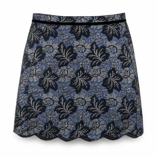 Front view of Oasis women’s multicoloured floral polyester a-line skirt, size UK 8, zip