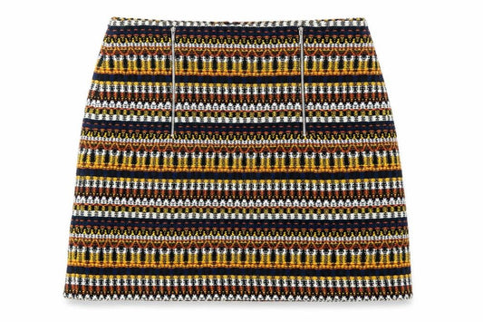 Front view of Mango women’s multicoloured geometric cotton a-line skirt, size UK 10, zip