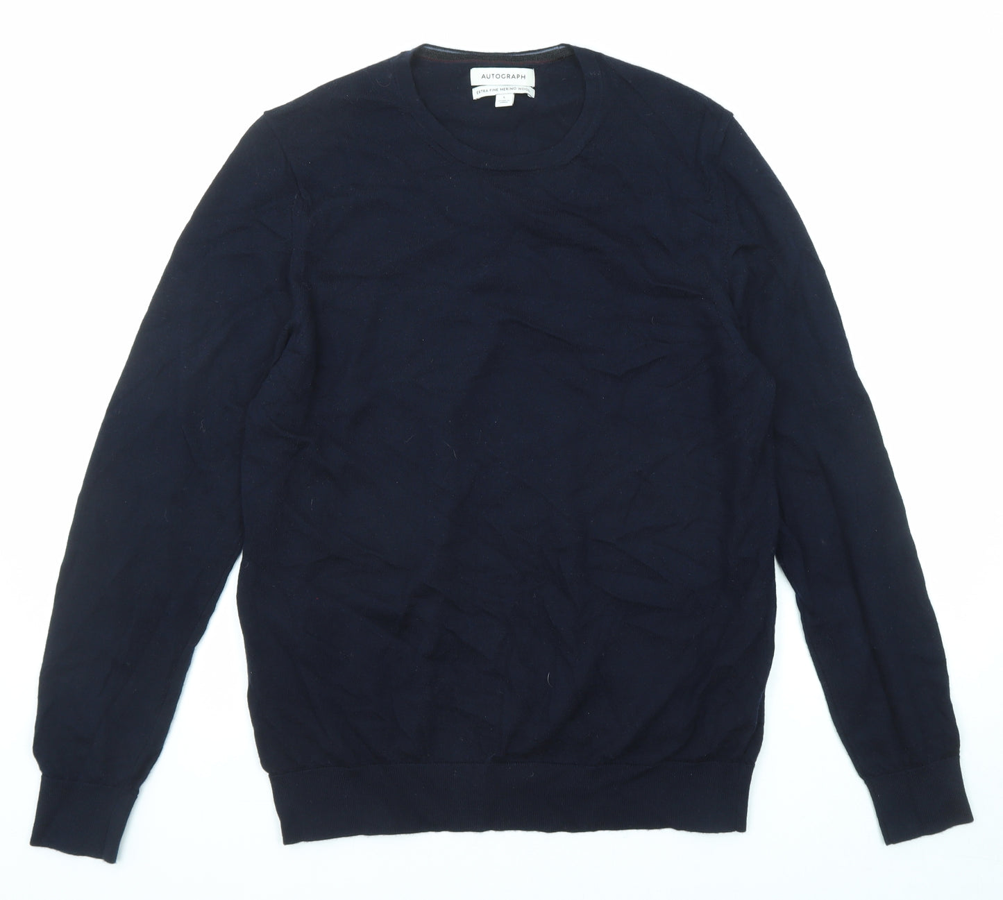 Autograph Mens Blue Round Neck Wool Pullover Jumper Size L Long Sleeve