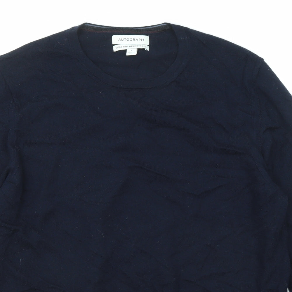 Autograph Mens Blue Round Neck Wool Pullover Jumper Size L Long Sleeve