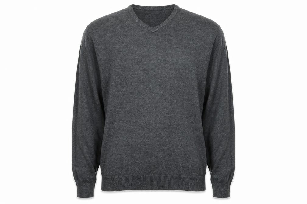 Front view of Richard Chang men’s black v-neck acrylic jumper, size M, long sleeve