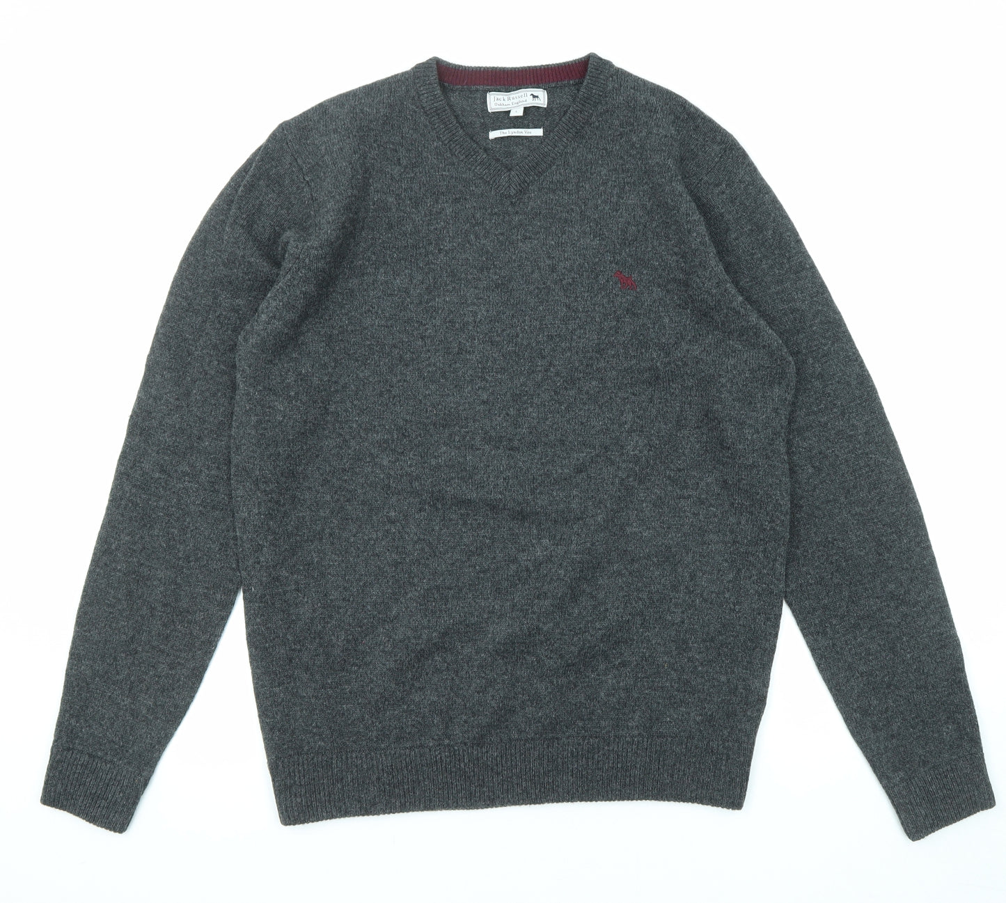 Jack Russell Mens Grey V-Neck Wool Pullover Jumper Size L Long Sleeve