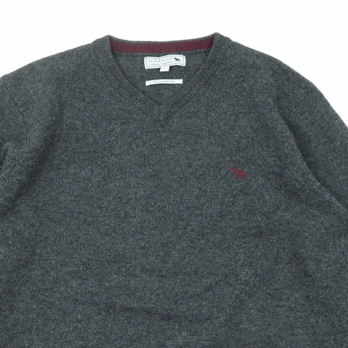 Jack Russell Mens Grey V-Neck Wool Pullover Jumper Size L Long Sleeve