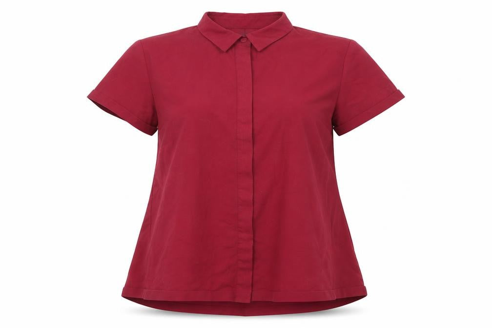 Front view of French Connection women’s purple polyester basic button-up, size XS, collared